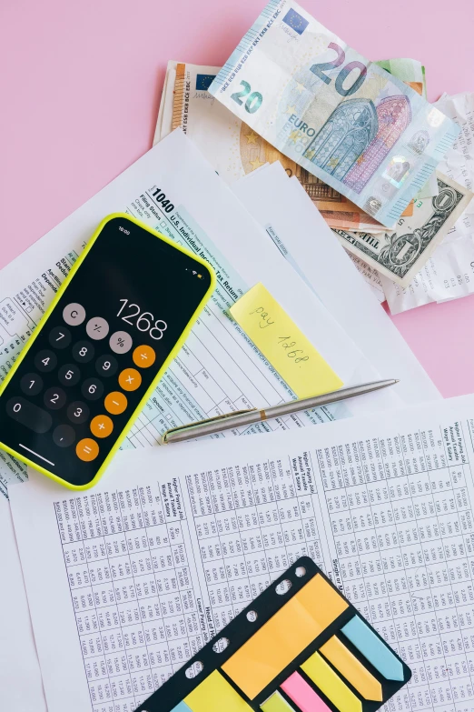 a calculator sitting on top of a pile of money, a cartoon, trending on pexels, neon pink and black color scheme, yellow and black color scheme, 🚿🗝📝