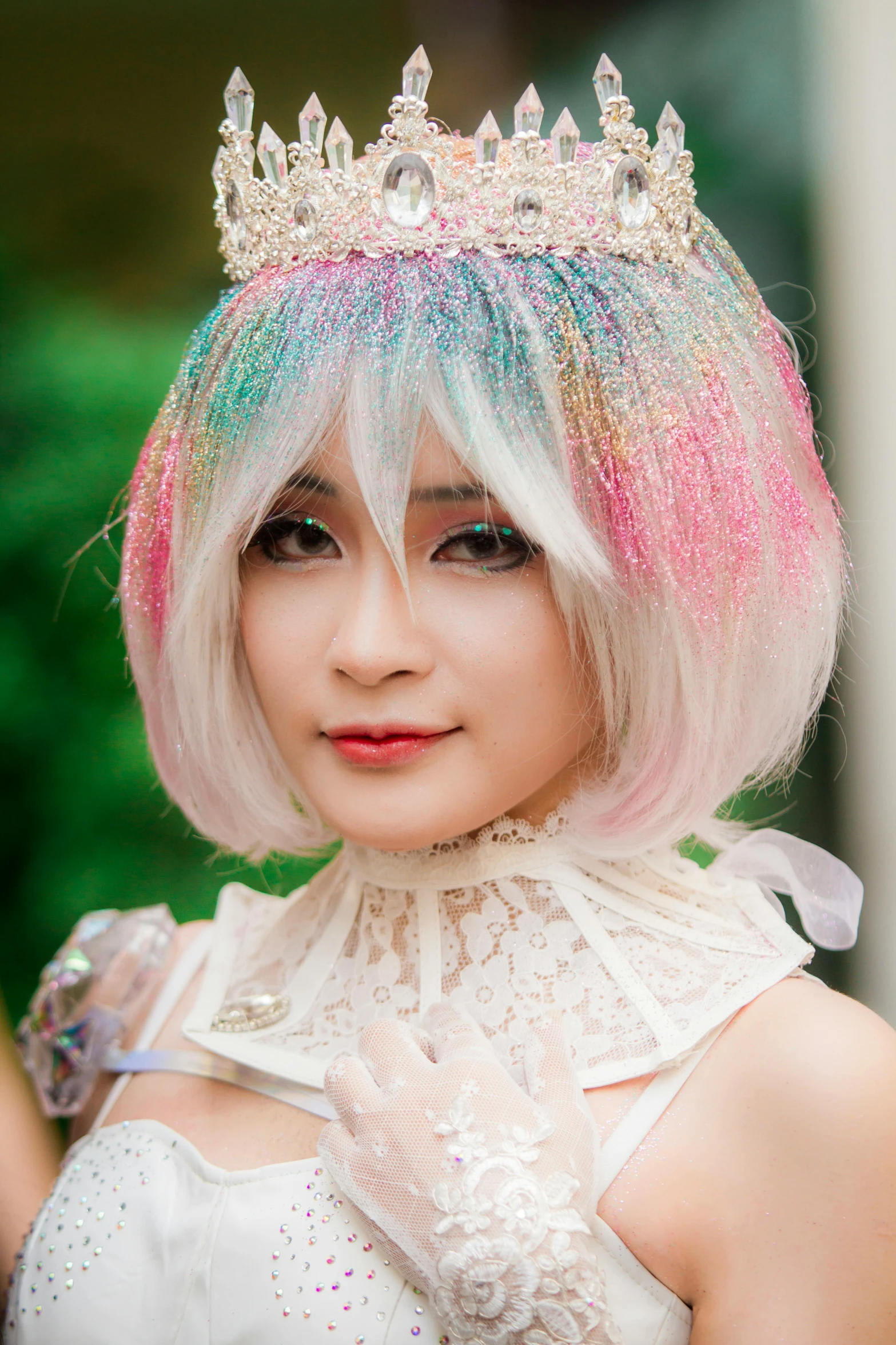 a woman with a crown on top of her head, an album cover, inspired by Yuko Tatsushima, rococo, king pepe with rainbow wig, cosplay photo, anime thai girl, 2019 trending photo