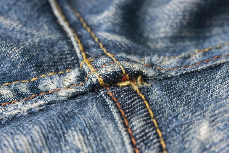 a bug that is sitting in the pocket of a pair of jeans, by David Simpson, pexels, auto-destructive art, tonal topstitching, youtube thumbnail, threads, damaged japanese clothes