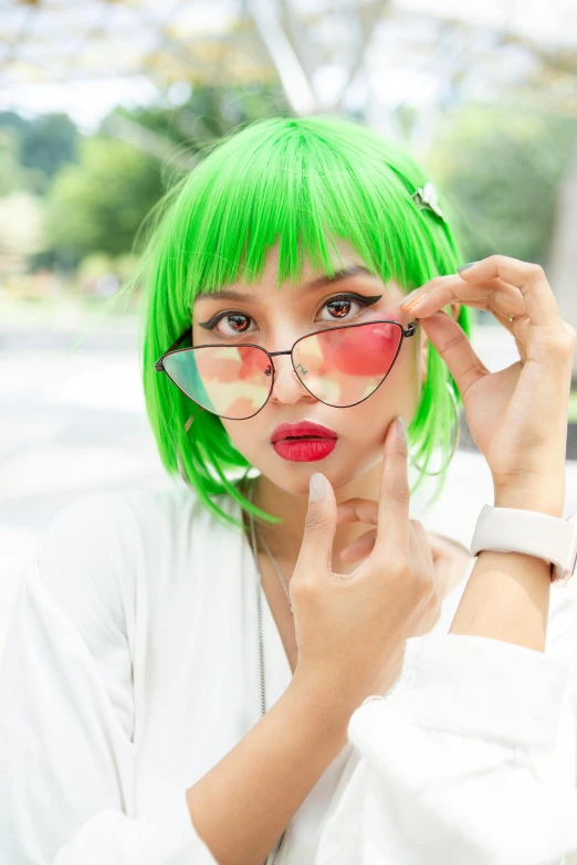 a woman with green hair wearing glasses and a green wig, inspired by Ren Hang, trending on pexels, square glasses, anime thai girl, green bright red, 2 b