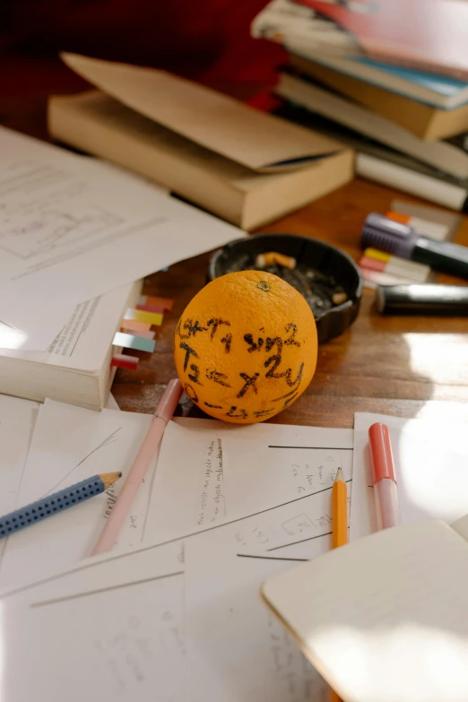 a wooden table topped with lots of paper and pencils, analytical art, oranges, face made of notation, candid shot, spherical