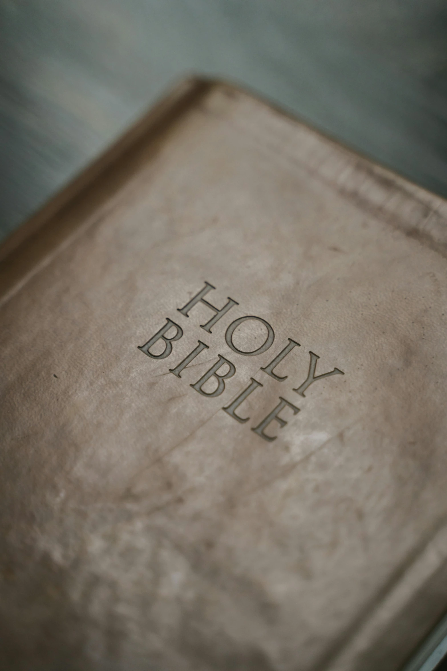 a bible sitting on top of a wooden table, taupe, detailed photo of an album cover, embossed, honest