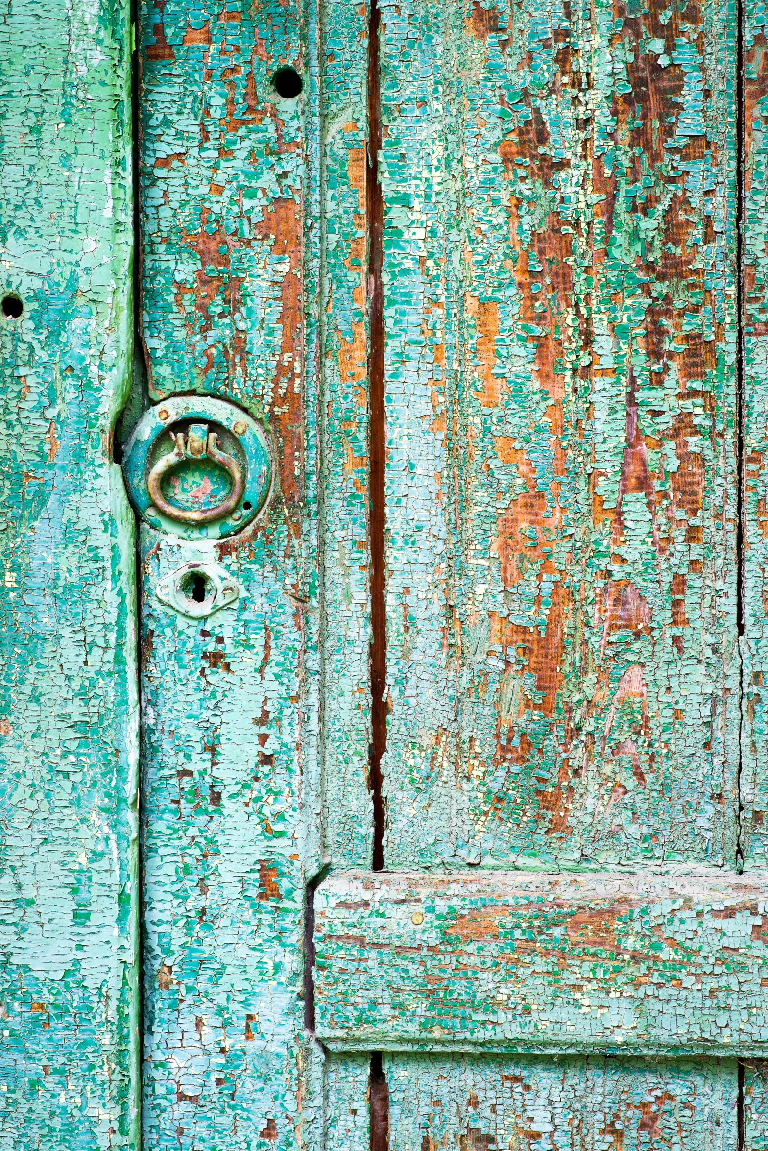 a close up of an old wooden door, an album cover, verdigris, multicoloured, pastel green, cyan