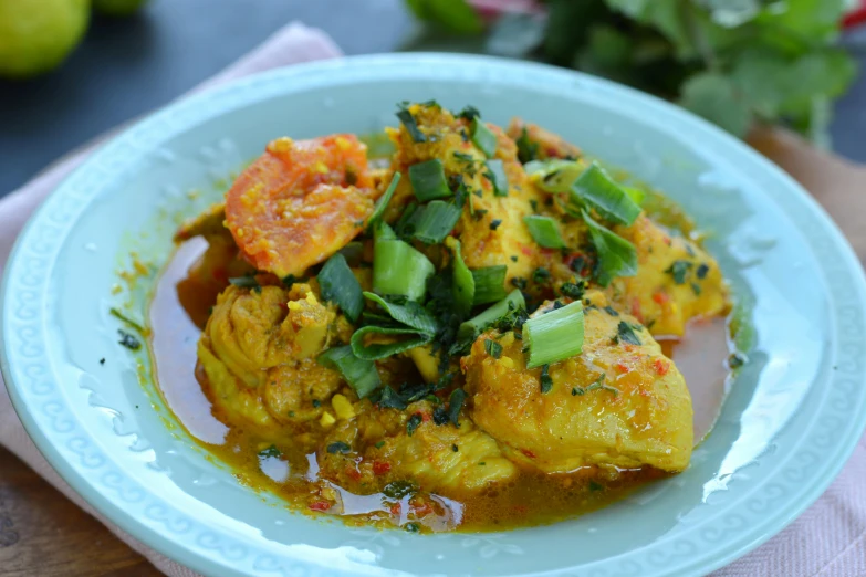 a close up of a plate of food on a table, inspired by John Steuart Curry, hurufiyya, chicken, épaule devant pose, square, malaysian