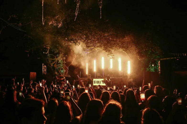 a crowd of people standing in front of a stage, pexels contest winner, party in jungles, sydney park, holy glow, key still