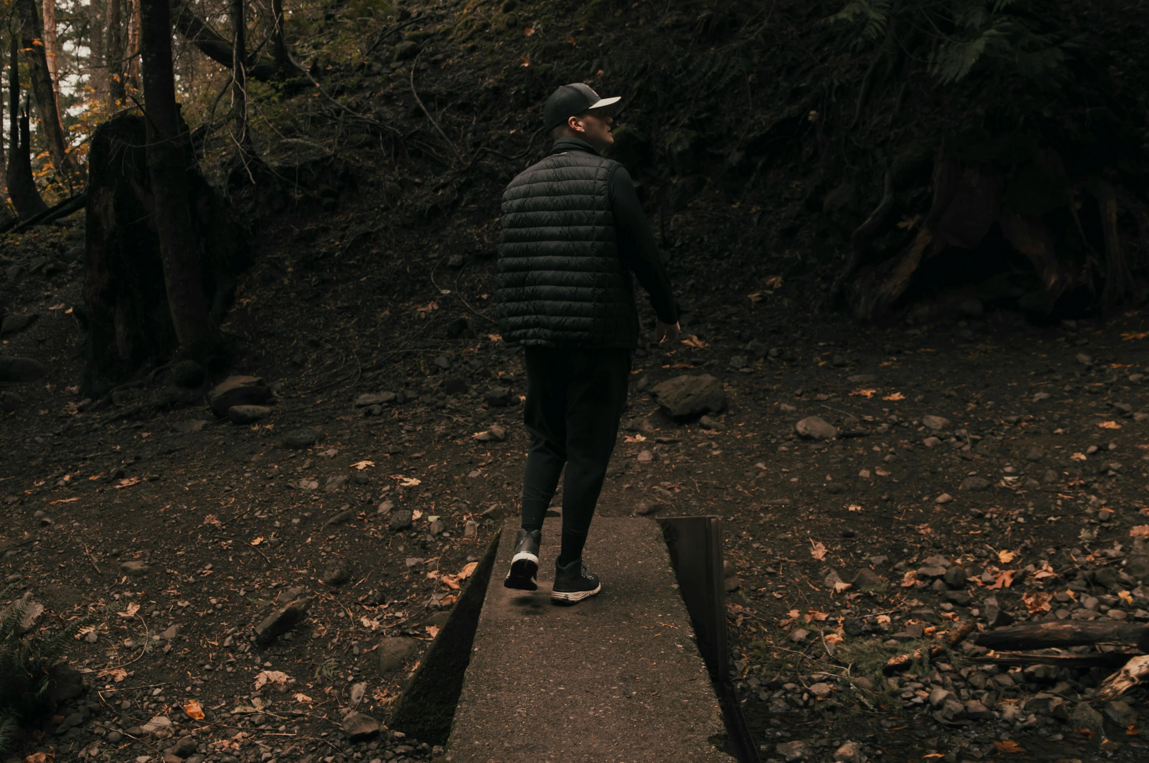 a person walking down a path in the woods, puffer jacket, dark photo, sports clothing, 8 k film still