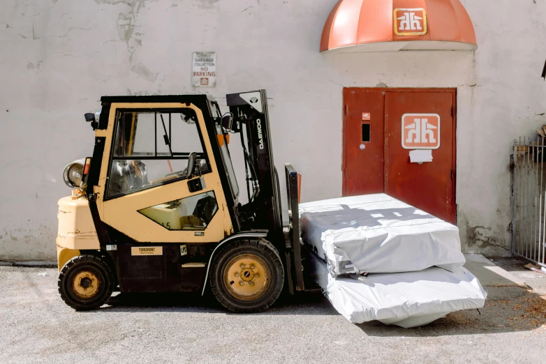 a forklift truck parked in front of a building, by Julia Pishtar, shin hanga, large props, adi meyers, holy grail, an architectural