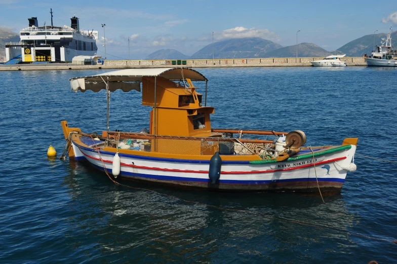 a boat that is sitting in the water, by Niko Henrichon, hurufiyya, docked at harbor, avatar image