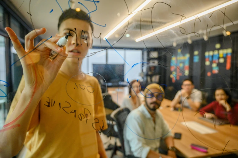 a man writing on the glass of a conference room, a cartoon, by Adam Marczyński, pexels contest winner, ismail inceoglu and ruan jia, avatar image, spiraling, a group of people