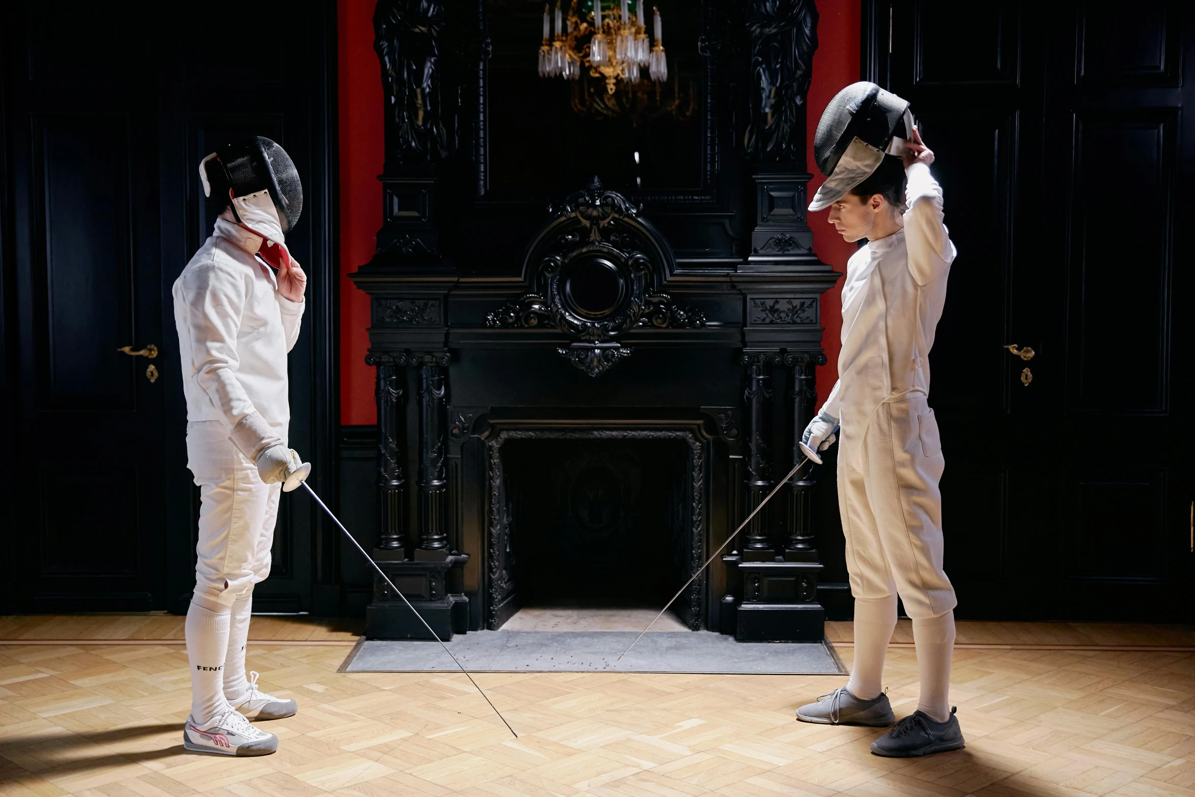 a couple of men standing on top of a wooden floor, inspired by Horace Vernet, pexels contest winner, interactive art, fencing, still from a wes anderson movie, in their noble mansion, white uniform