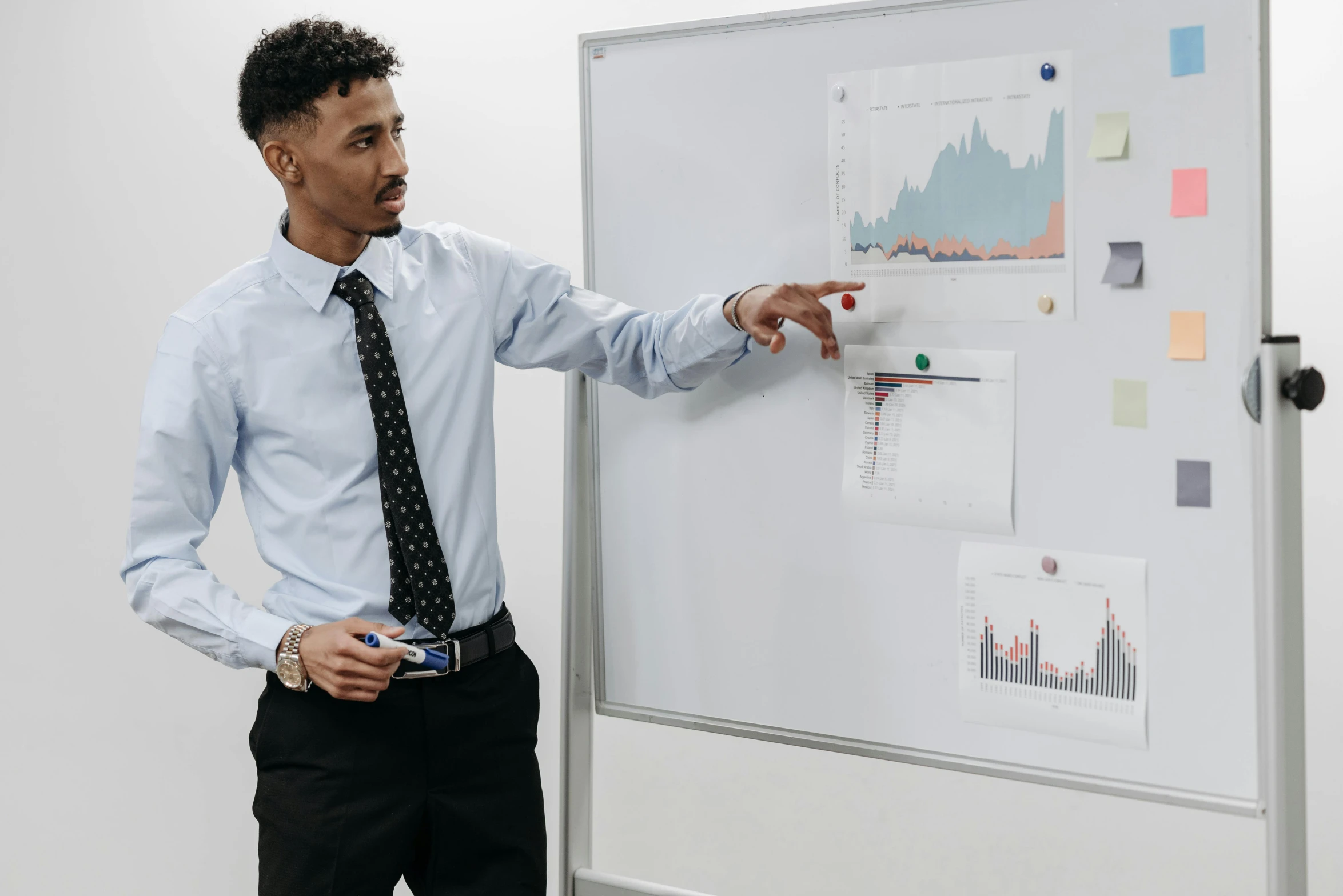 a man standing in front of a white board, informative graphs and diagrams, fan favorite, wearing a shirt with a tie, teaching