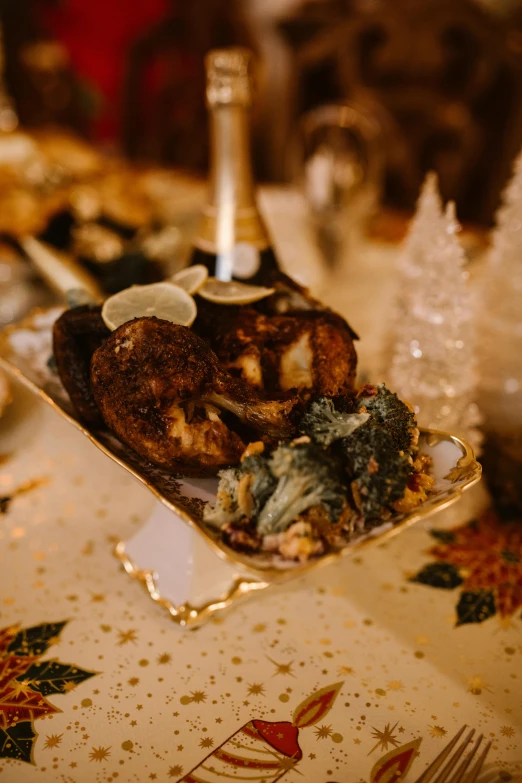 a close up of a plate of food on a table, by Matt Cavotta, festive atmosphere, burnt, stuffed, - 9