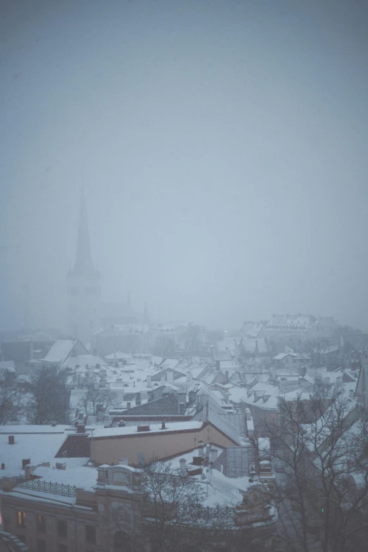 a view of a city on a snowy day, by Tobias Stimmer, majestic spires, low quality photo, shrouded, high quality image