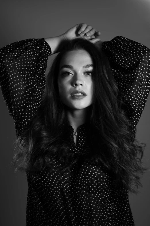 a black and white photo of a woman with long hair, by Felix-Kelly, tessa thompson inspired, sydney sweeney, polka dot, !!!!mila kunis