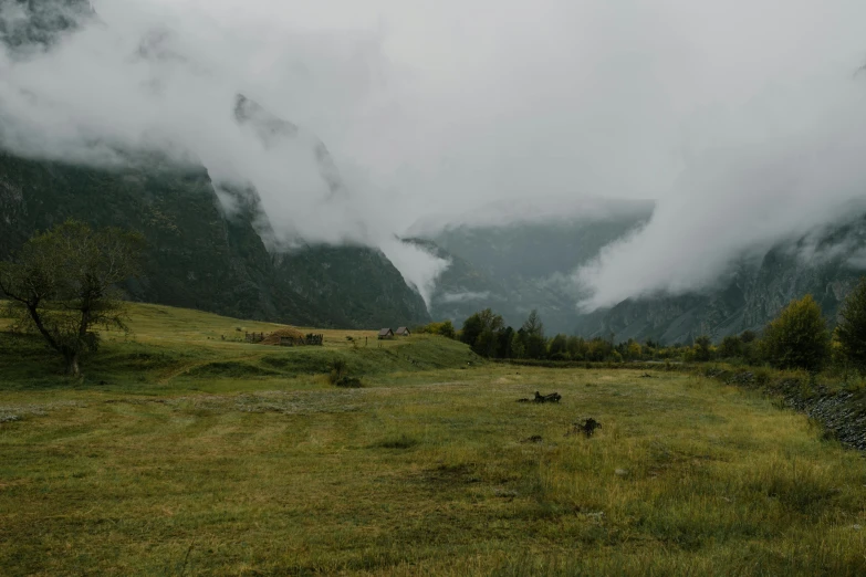 a grassy field with mountains in the background, pexels contest winner, hurufiyya, under a gray foggy sky, background image, nordic, multiple stories