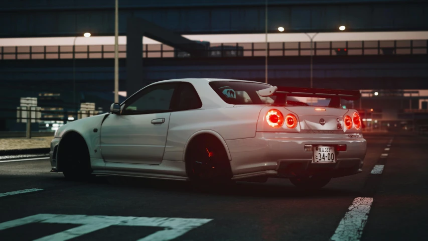 a white car driving down a street at night, by Nōami, pexels contest winner, realism, nissan gtr r 3 4, back light, profile picture 1024px, muted colors. ue 5
