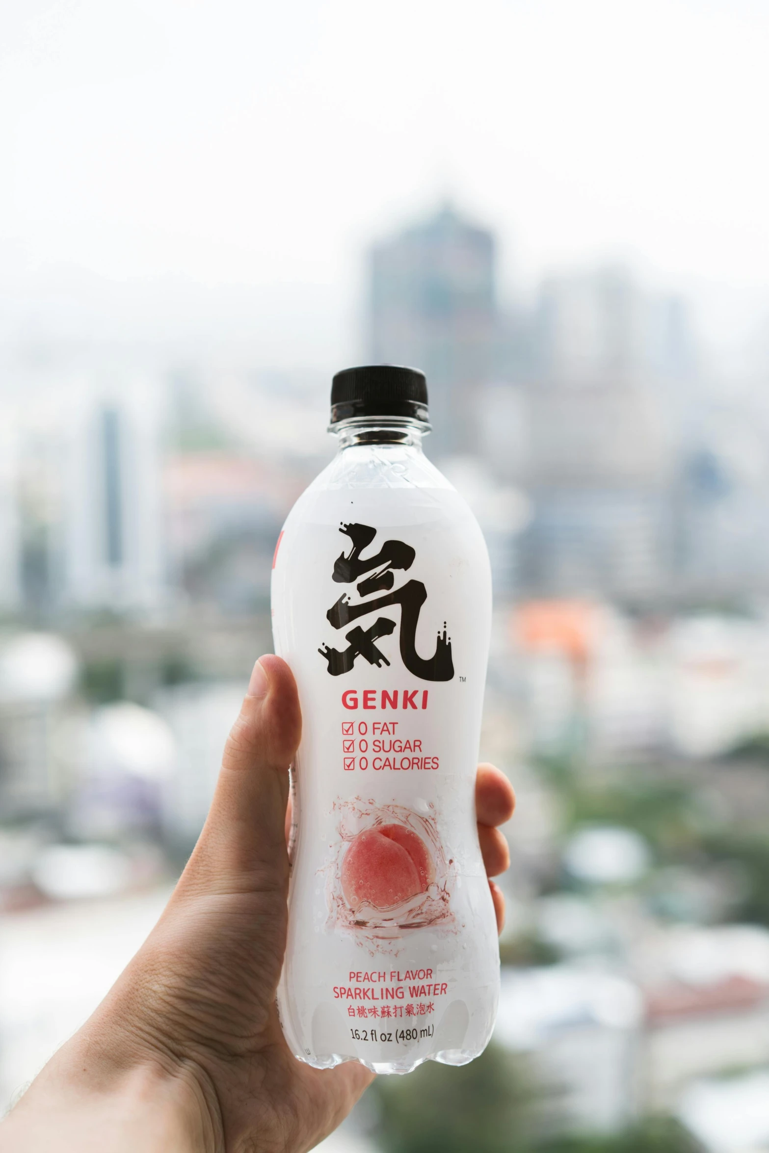 a person holding a bottle of water with a city in the background, inspired by Gatōken Shunshi, soymilk, south jakarta, genesis, detailed product image