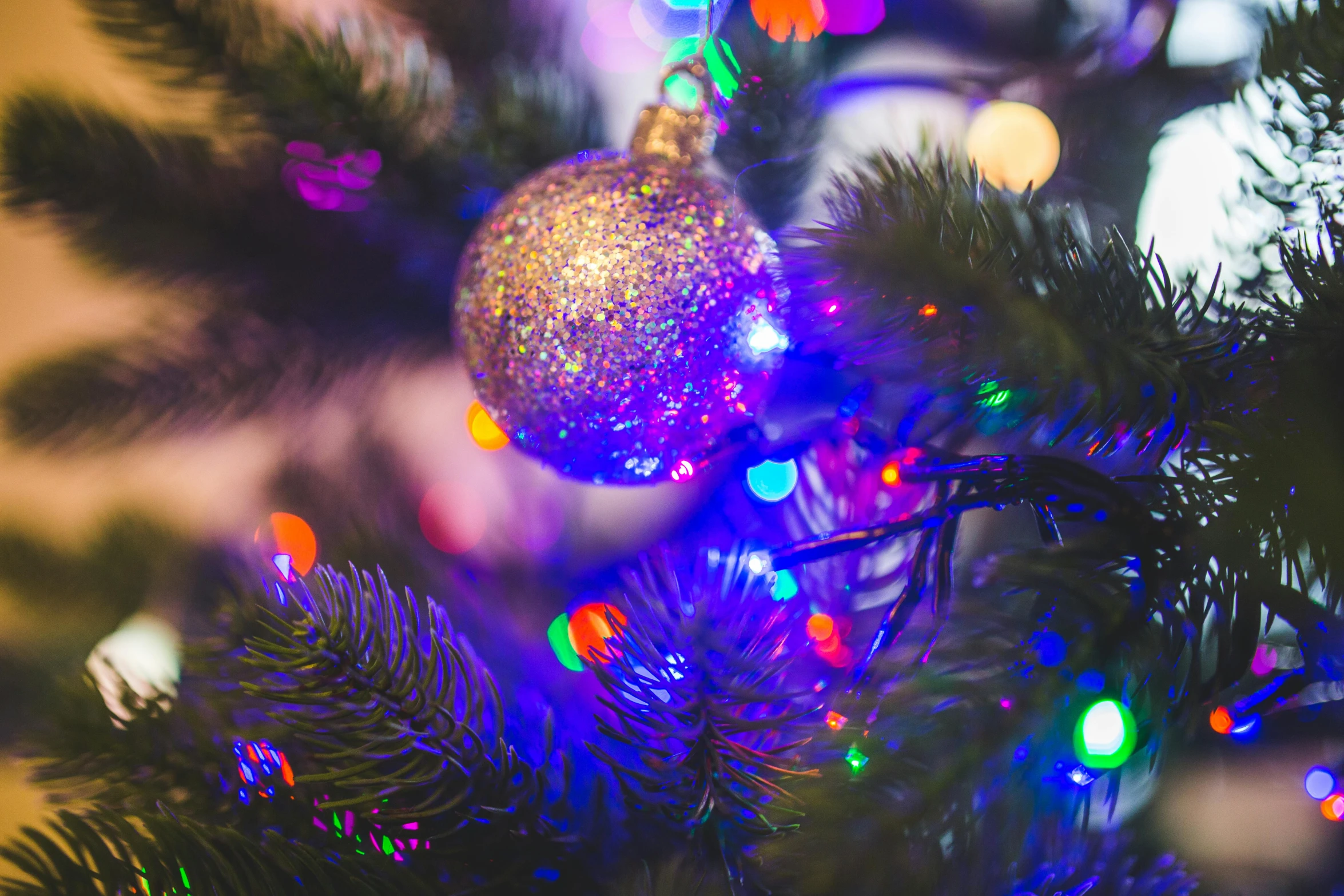 a close up of a christmas ornament on a tree, pexels, rim lights purple and green, multicoloured, thumbnail, opening shot