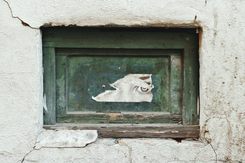 a cat sticking its head out of a window, a painting, by Elsa Bleda, trending on unsplash, street art, weathered artifacts, dark brown white green colours, wooden cabinet, stone relief