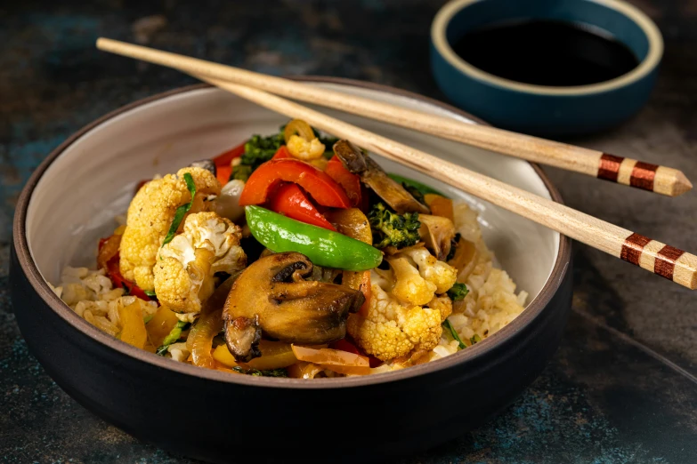 a close up of a bowl of food with chopsticks, inspired by Li Di, confident holding vegetables, portrait image, square, listing image