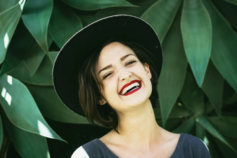 a close up of a person wearing a hat, beautiful smile, greens), laughingstock, bright red lipstick