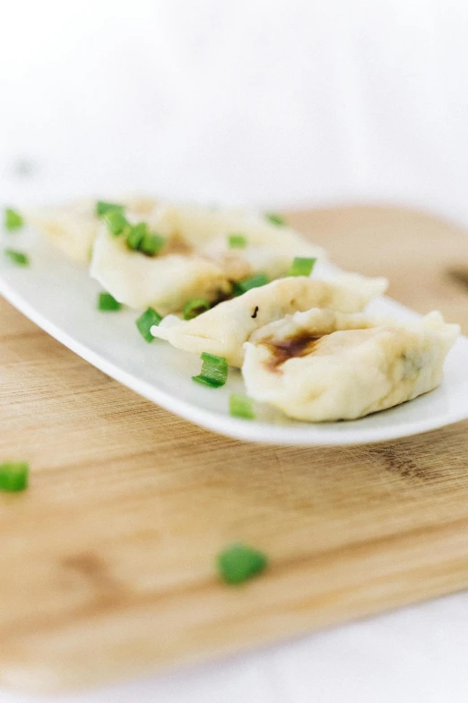 a close up of a plate of food on a table, inspired by Mi Fu, unsplash, mingei, dumplings on a plate, with a white background, square, thumbnail