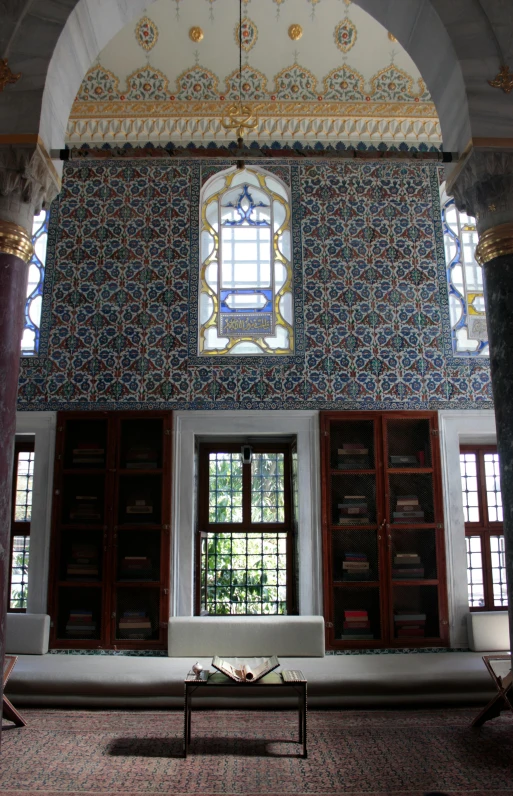 the inside of a building with a lot of windows, a mosaic, inspired by Osman Hamdi Bey, -, library