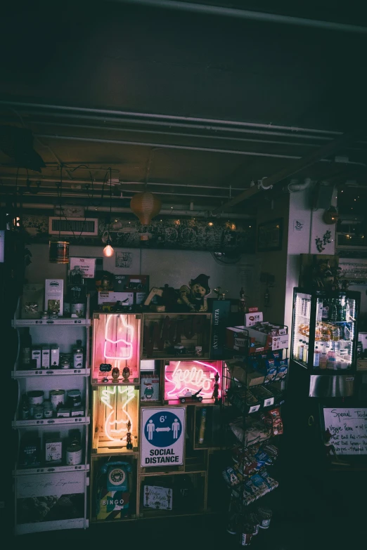 a store filled with lots of neon signs, unsplash, mysterious coffee shop girl, overview, low quality photo, neon ligh