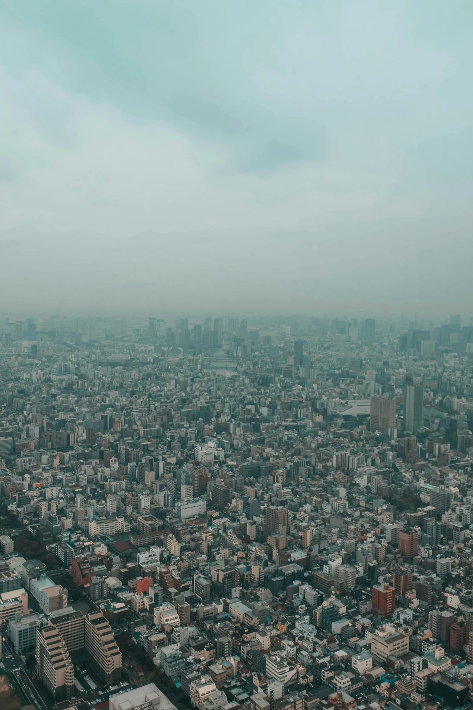 an aerial view of a city with tall buildings, a picture, inspired by Kōshirō Onchi, trending on unsplash, happening, ground haze, panoramic view of girl, low quality photo, overcrowded