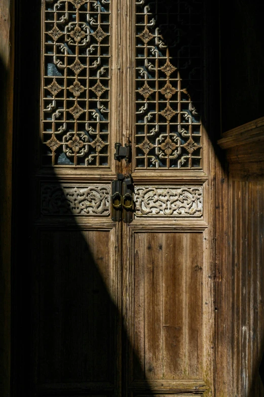 a person standing in front of a wooden door, inspired by Li Di, trending on unsplash, arts and crafts movement, great light and shadows”, tang dynasty palace, glossy intricate design, looking threatening