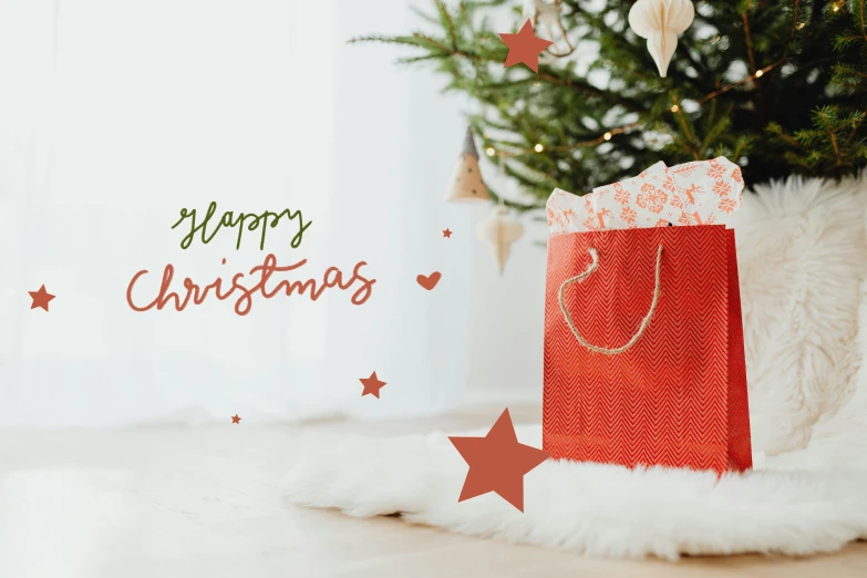 a red bag sitting next to a christmas tree, pexels, hurufiyya, background image, happy colours, handwritten, a still of a happy