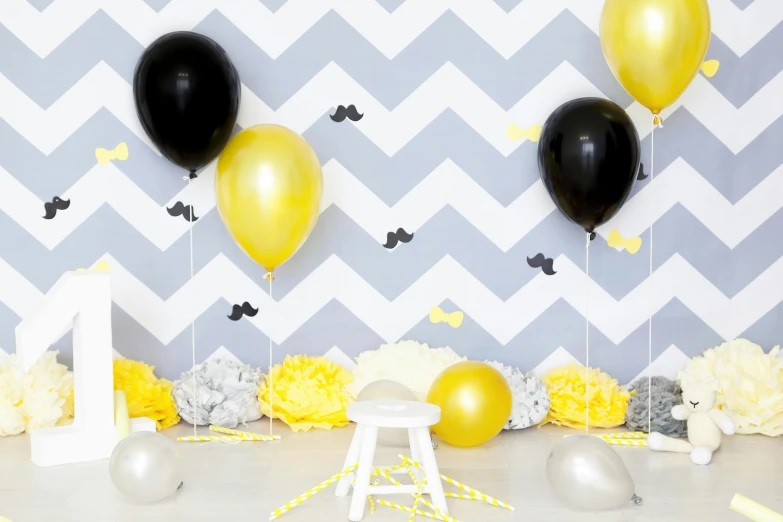 a birthday party with yellow and black balloons, by Julia Pishtar, pexels, pop art, black and white zig zag floor, background image, grey, miniature product photo