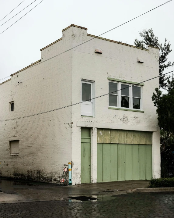 a green fire hydrant sitting in front of a white building, an album cover, by Lee Loughridge, modernism, north melbourne street, alec soth : : love, old building, background image