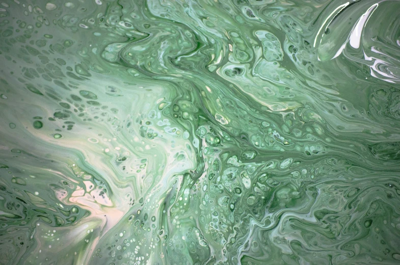 a bath tub filled with lots of green liquid, a detailed painting, inspired by Art Green, unsplash, process art, abstract white fluid, silver dechroic details, oganic rippling spirals, middle close up