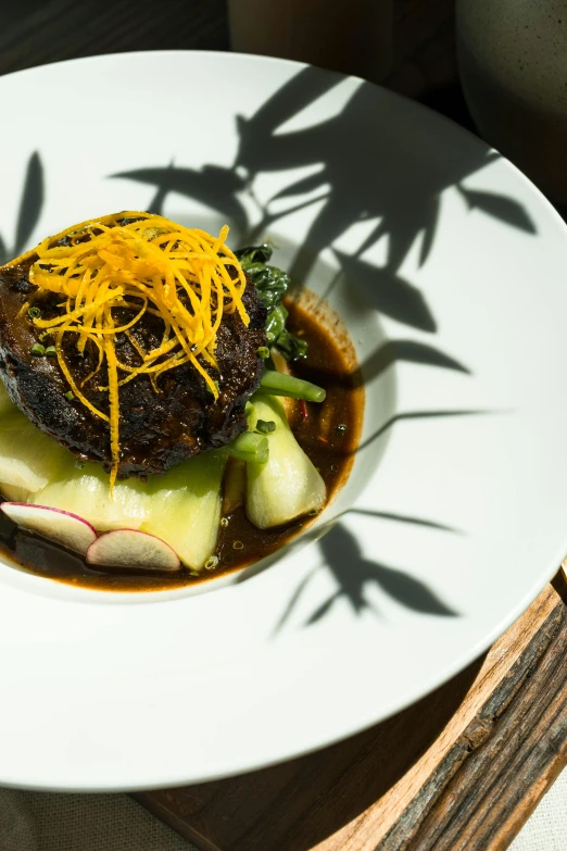 a close up of a plate of food on a table, inspired by Kanō Naizen, renaissance, beef, intense sunlight, square, veggies