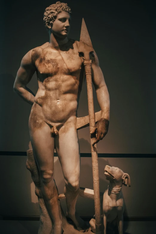 a statue of a man standing next to a dog, inspired by Exekias, trending on pexels, mannerism, with an axe, various posed, 1987, demna gvasalia