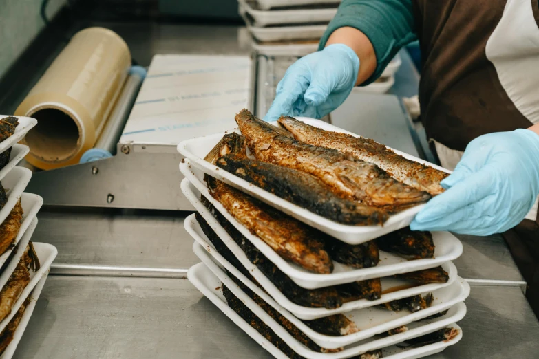 a close up of a tray of food on a conveyor belt, a portrait, pexels, private press, fish skin, smokey burnt envelopes, holding a baguette, restoration