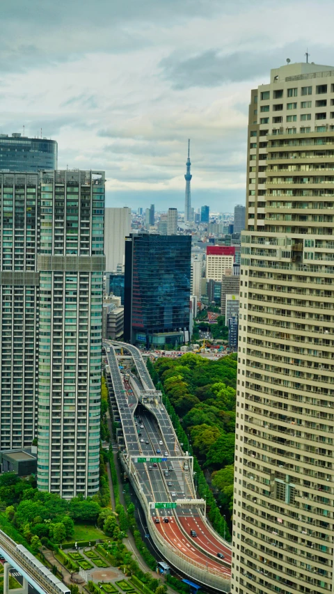 a view of a city from a high rise building, inspired by Tadao Ando, pexels contest winner, hyperrealism, japan lush forest, today\'s featured photograph 4k, all buildings on bridge, street city