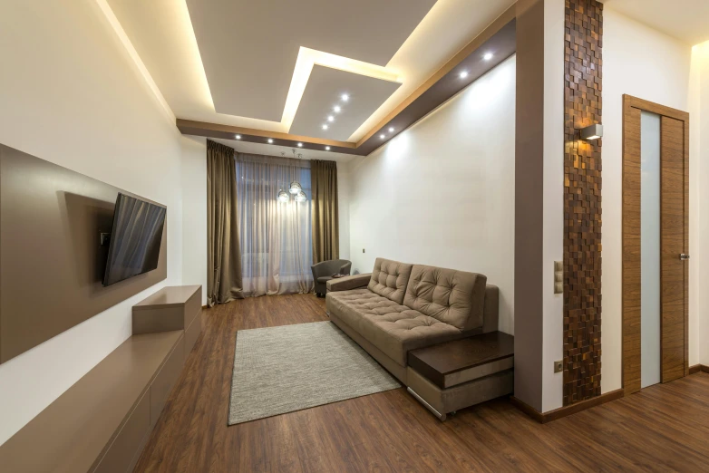 a living room filled with furniture and a flat screen tv, by Alexander Fedosav, light and space, located in hajibektash complex, 8k high quality, easygoing, wooden floor