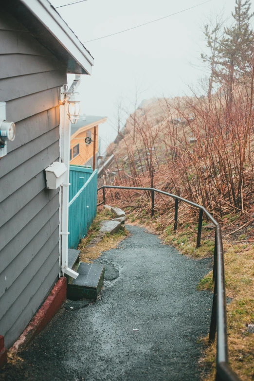 a house that is on the side of a hill, by Jessie Algie, unsplash, walkway, cold light, reddish exterior lighting, nordic pastel colors