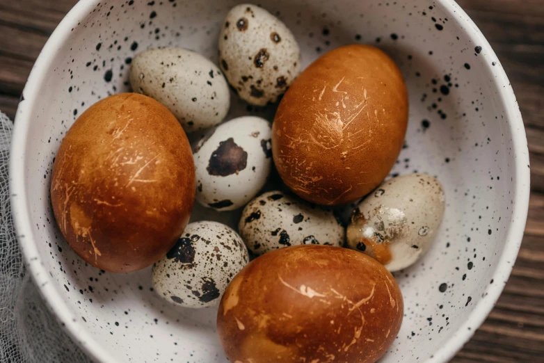 a bowl filled with eggs sitting on top of a wooden table, by Emma Andijewska, trending on unsplash, renaissance, white with chocolate brown spots, 🦩🪐🐞👩🏻🦳, mixed animal, bao phan