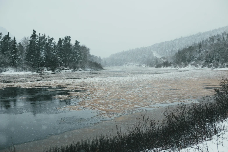 a body of water surrounded by snow covered trees, by Jessie Algie, pexels contest winner, hurufiyya, grey skies, salmon, red river, francois legault