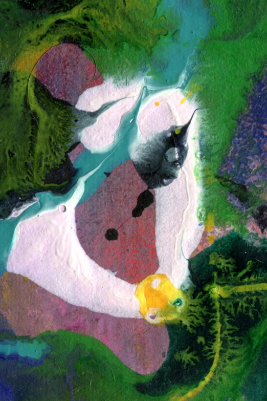 a painting of a cow with a duck in its mouth, inspired by Helen Frankenthaler, flickr, lyrical abstraction, satellite view, psychedelic vegetation, ilustration, close - up photograph