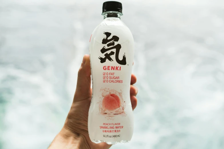 a close up of a person holding a bottle of water, inspired by Gatōken Shunshi, peach and goma style, genx, sparkling, with white kanji insignias