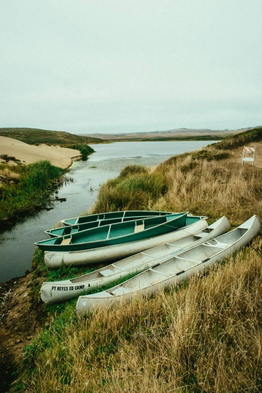 a couple of canoes sitting on top of a grass covered field, rolling hills, body of water, san francisco, high quality photo