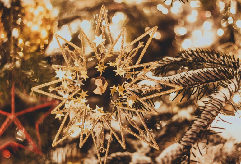 a close up of a christmas ornament on a tree, pexels, baroque, large star crystals, decoration around the room, softly - lit, thumbnail