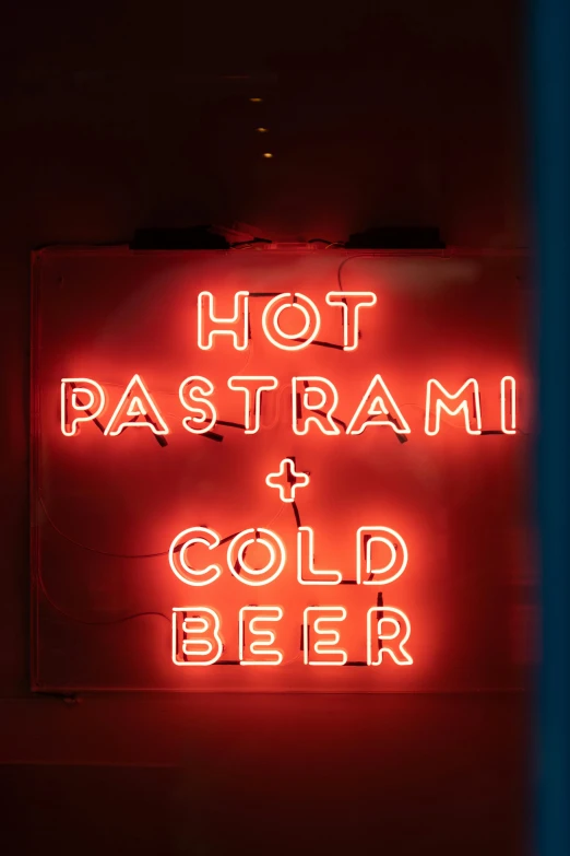 a neon sign that says hot pastrami and cold beer, a hologram, pexels, postminimalism, indian, pogrom, pasta, paranoid