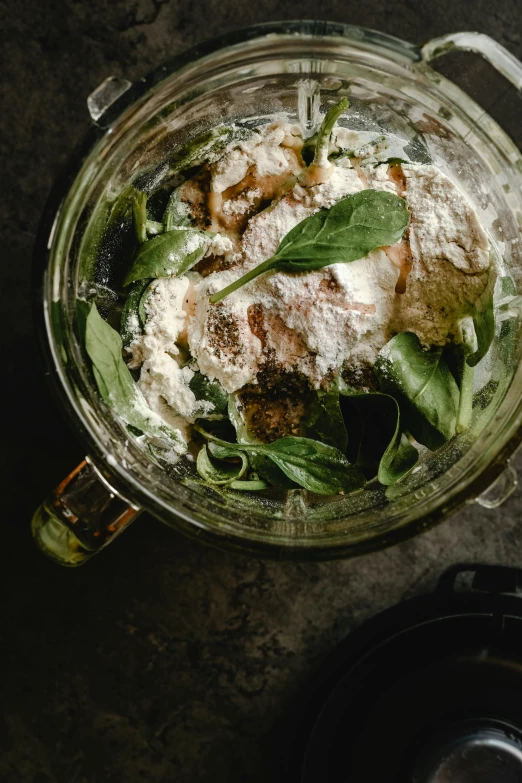 a blender filled with food sitting on top of a table, by Jordan Grimmer, fresh basil, close-up from above, cream, messy