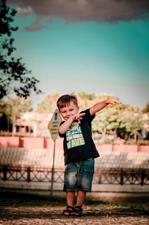 a young boy throwing a frisbee in a park, a picture, pexels contest winner, realism, jeans and t shirt, in egypt, !! looking at the camera!!, theme park