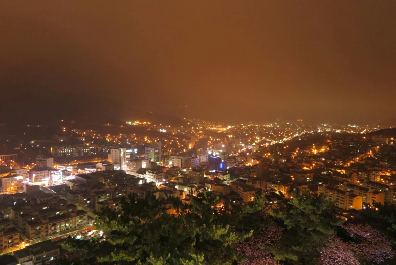 a view of a city at night from the top of a hill, brown, south korea, square, city mist softlight